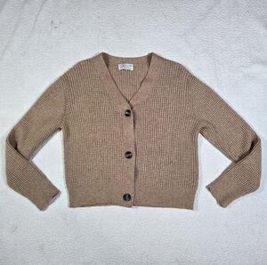 Poof Apparel Brown Cropped V Neck Cardigan 3 Button Closure